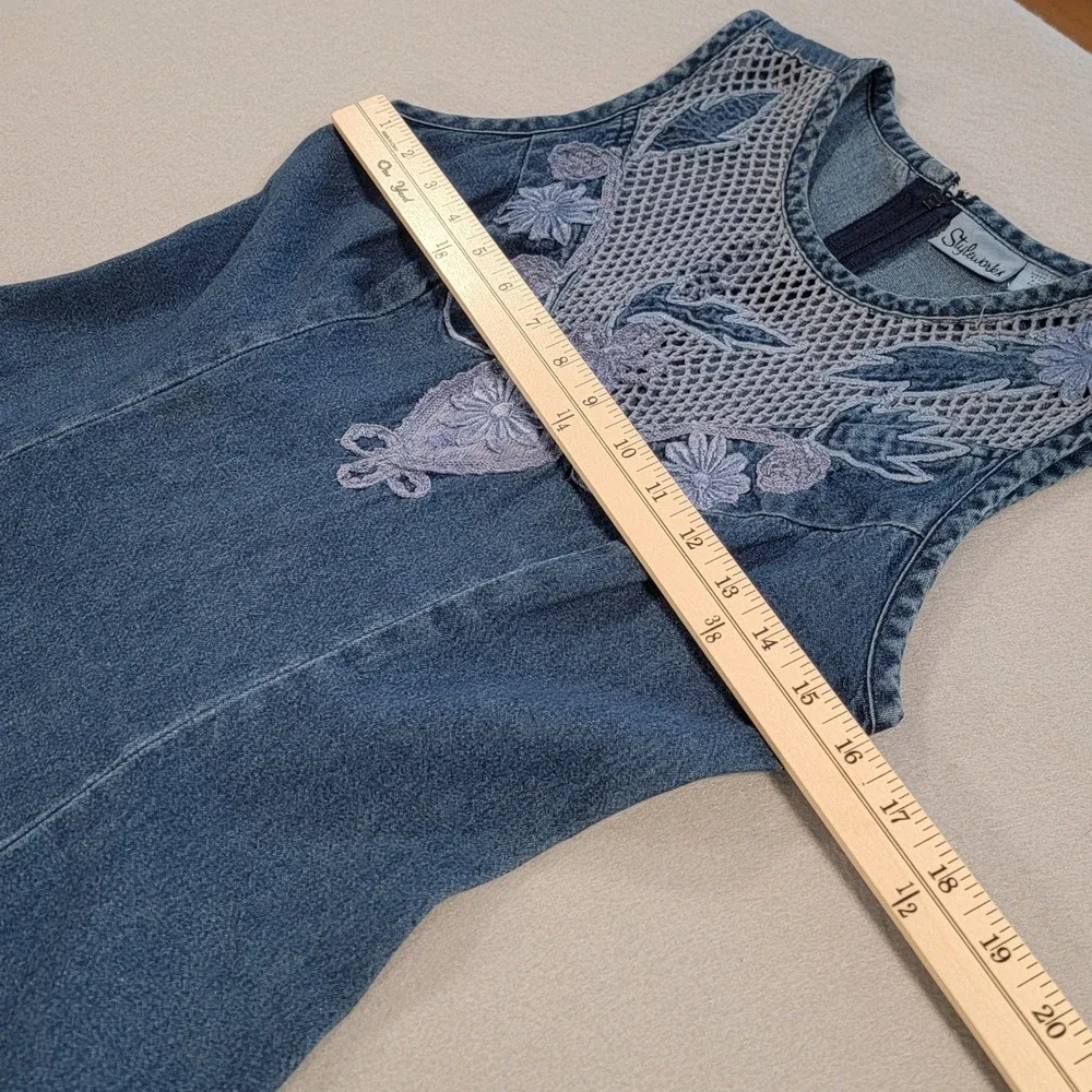 Vintage Styleworks Denim Maxi‎ Dress Blue Embroidered Mesh Floral Boho Women's 4 - Picture 7 of 12